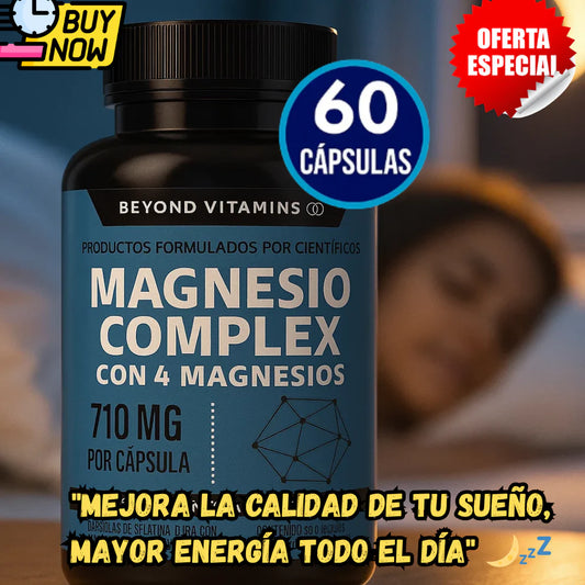 Complejo con 4 magnesios de alta absorción 710 mg | Glicinato de magnesio para nervios, malato para energía, suplemento para apoyar la salud muscular |  60 cápsulas