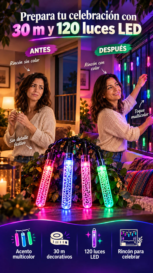 Rollo de luz multicolor LED bola de 30 m y 120 luces: prepara con tiempo un rincón para tu próxima celebración