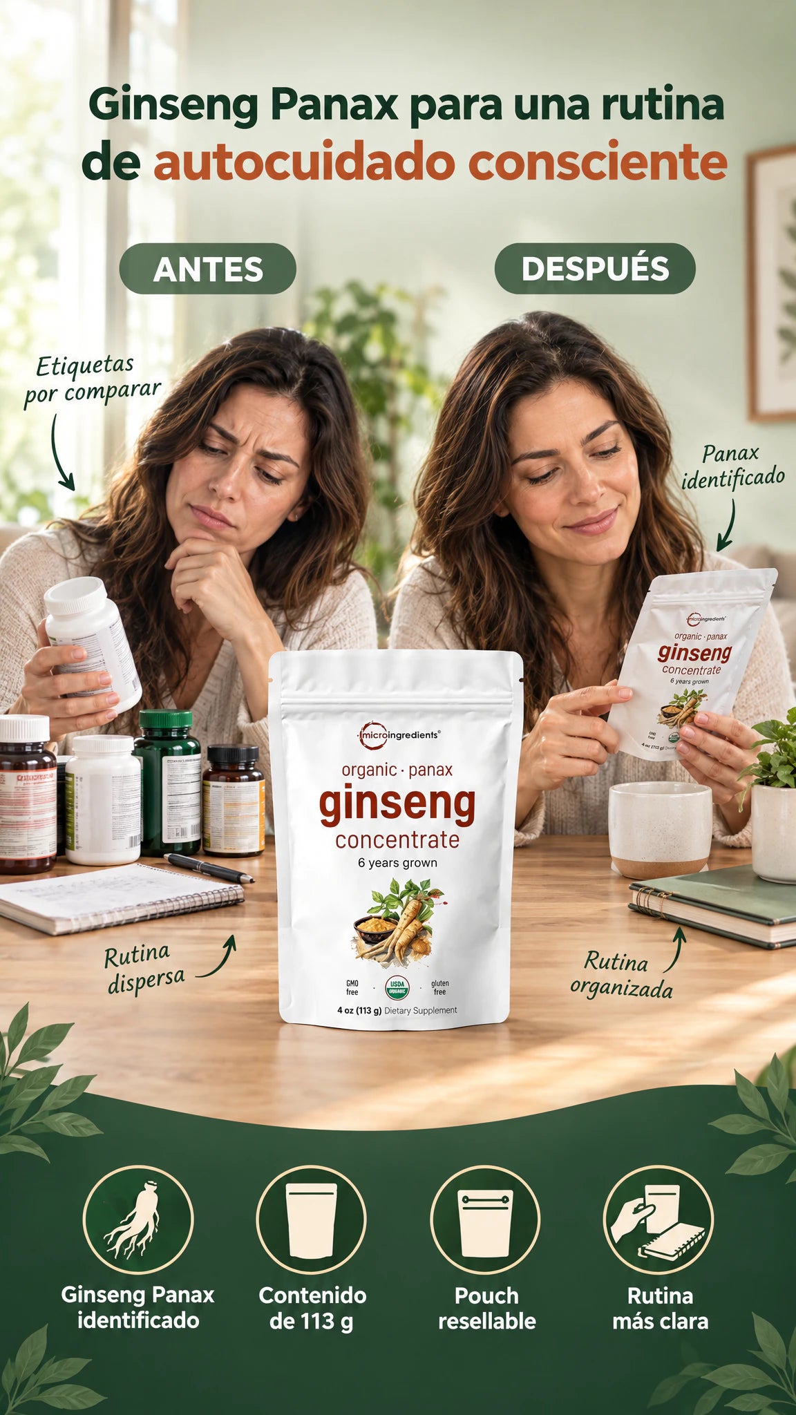 Suplemento de ginseng Panax en pouch — Integra ginseng Panax a una rutina consciente de autocuidado