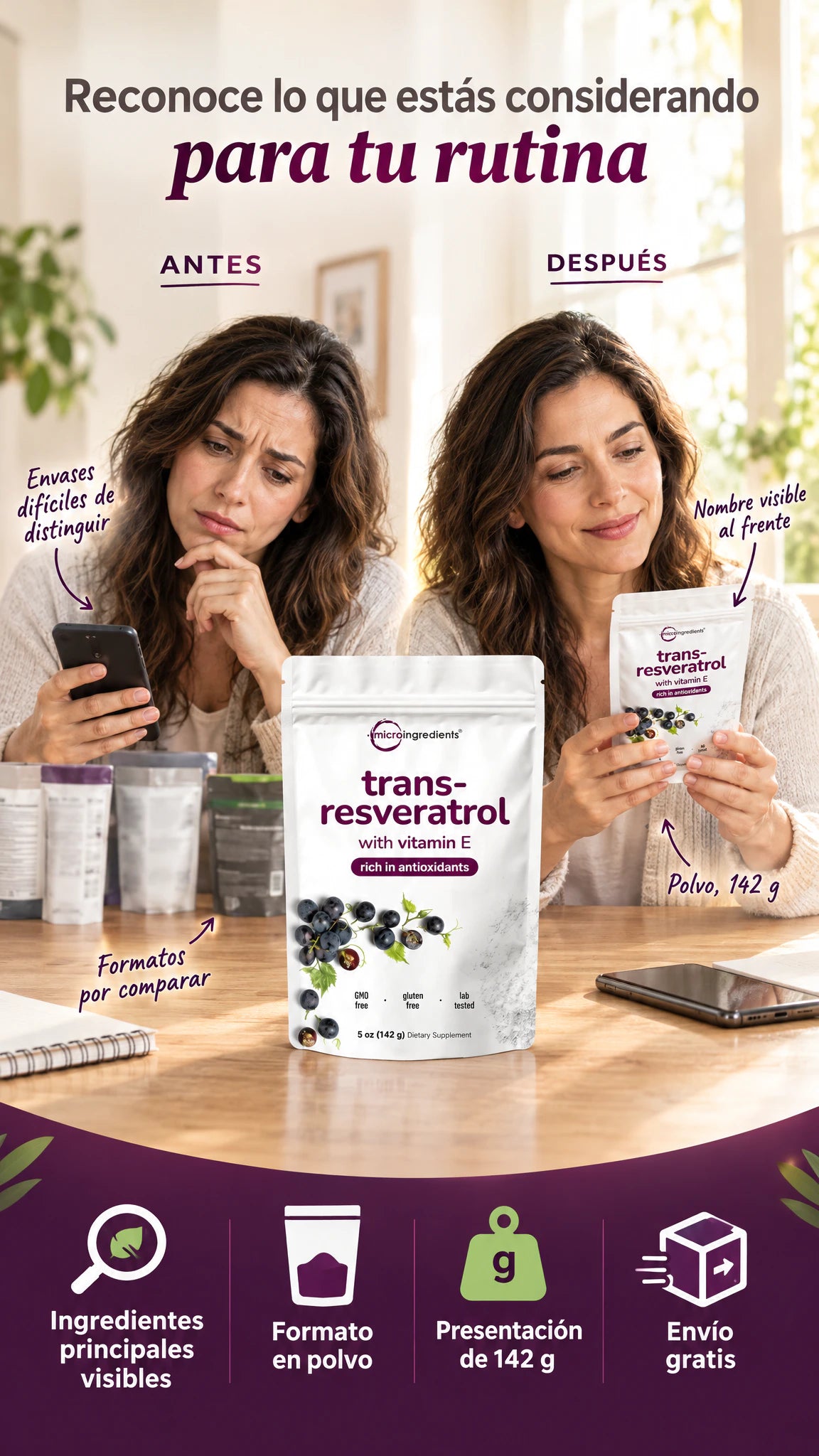 Micro Ingredients Trans-Resveratrol con vitamina E en polvo — Identifica lo que consideras sumar a tu rutina