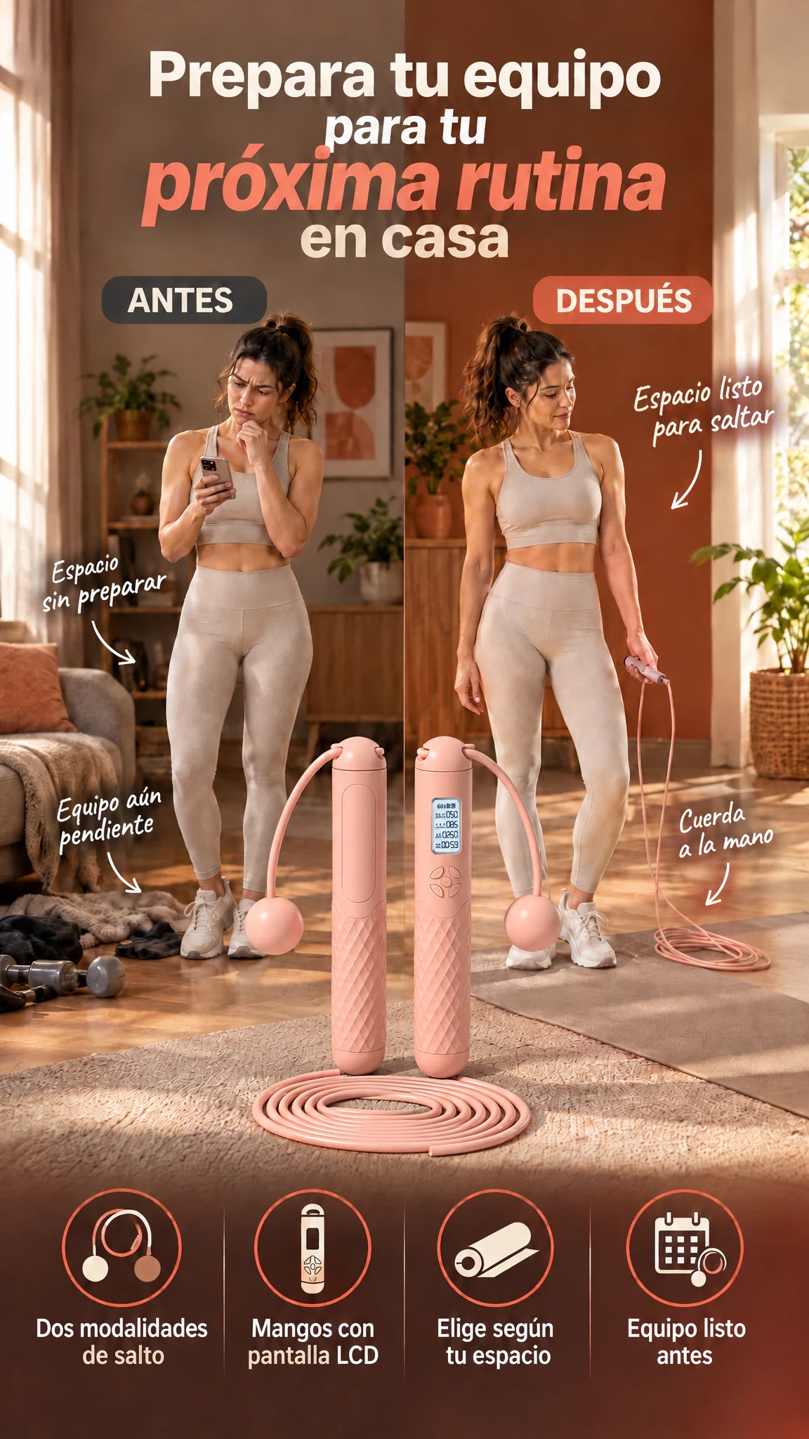 Cuerda de saltar de doble uso, con cuerda o sin cuerda — Prepara tu próxima rutina con dos modalidades de salto.