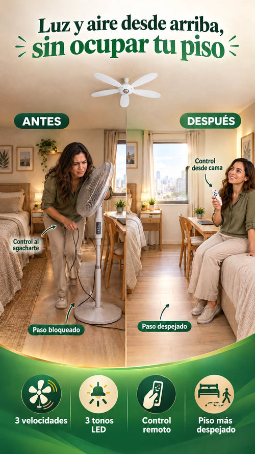 Ventilador-lámpara de techo con control remoto — Ilumina y mueve el aire sin ocupar tu piso