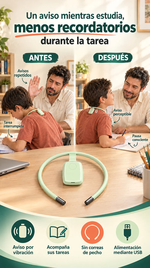 Sensor postural con aviso por vibración — Le recuerda revisar su posición mientras estudia