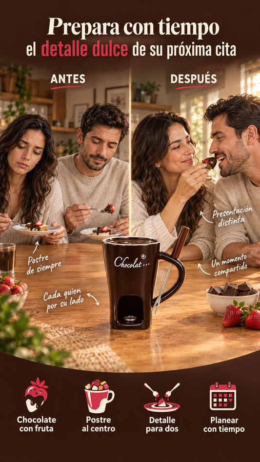 Taza para fondue de chocolate con abertura inferior — Convierte el postre de tu próxima cita en un momento para compartir.