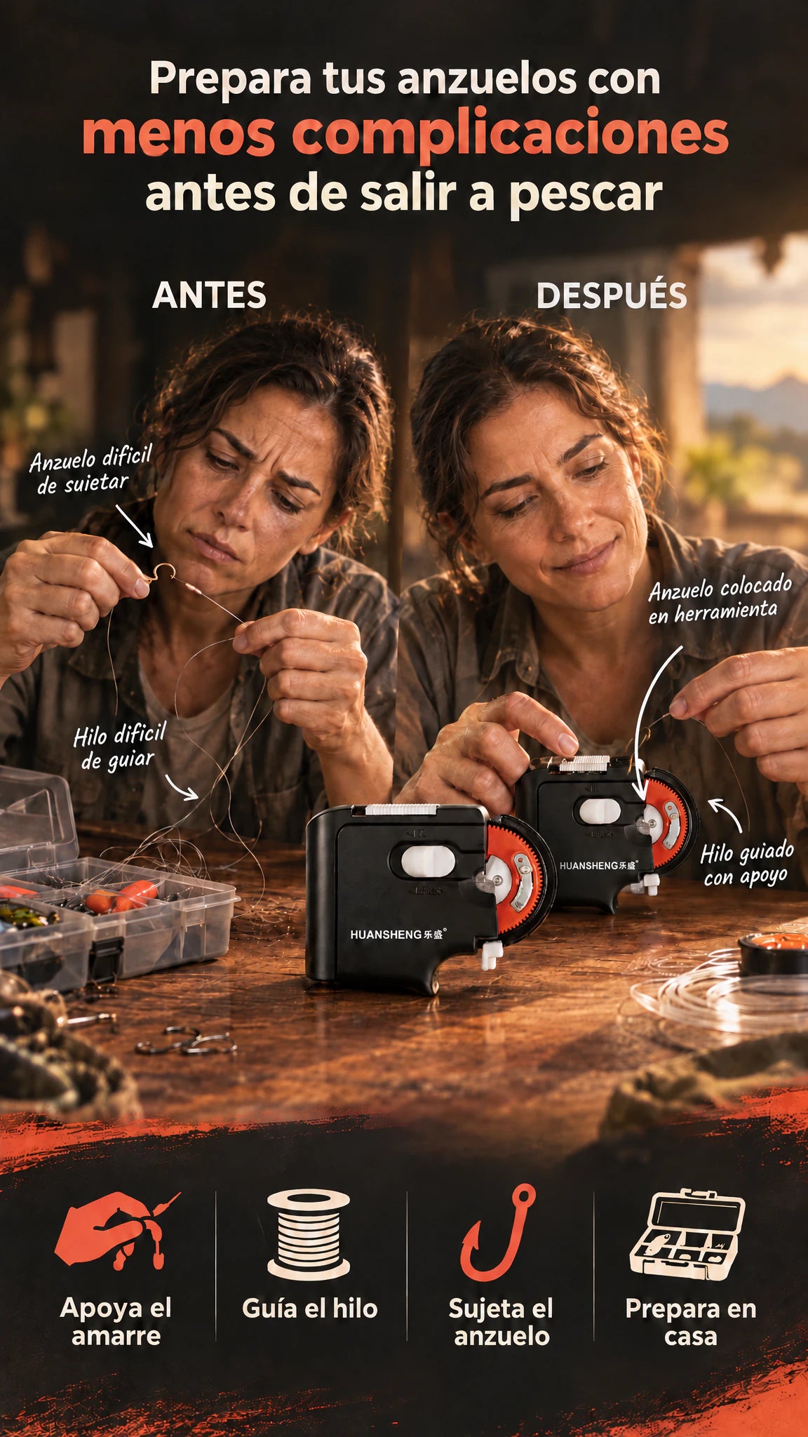Atador eléctrico para anzuelos — Prepara tus anzuelos con menos complicaciones antes de salir a pescar.