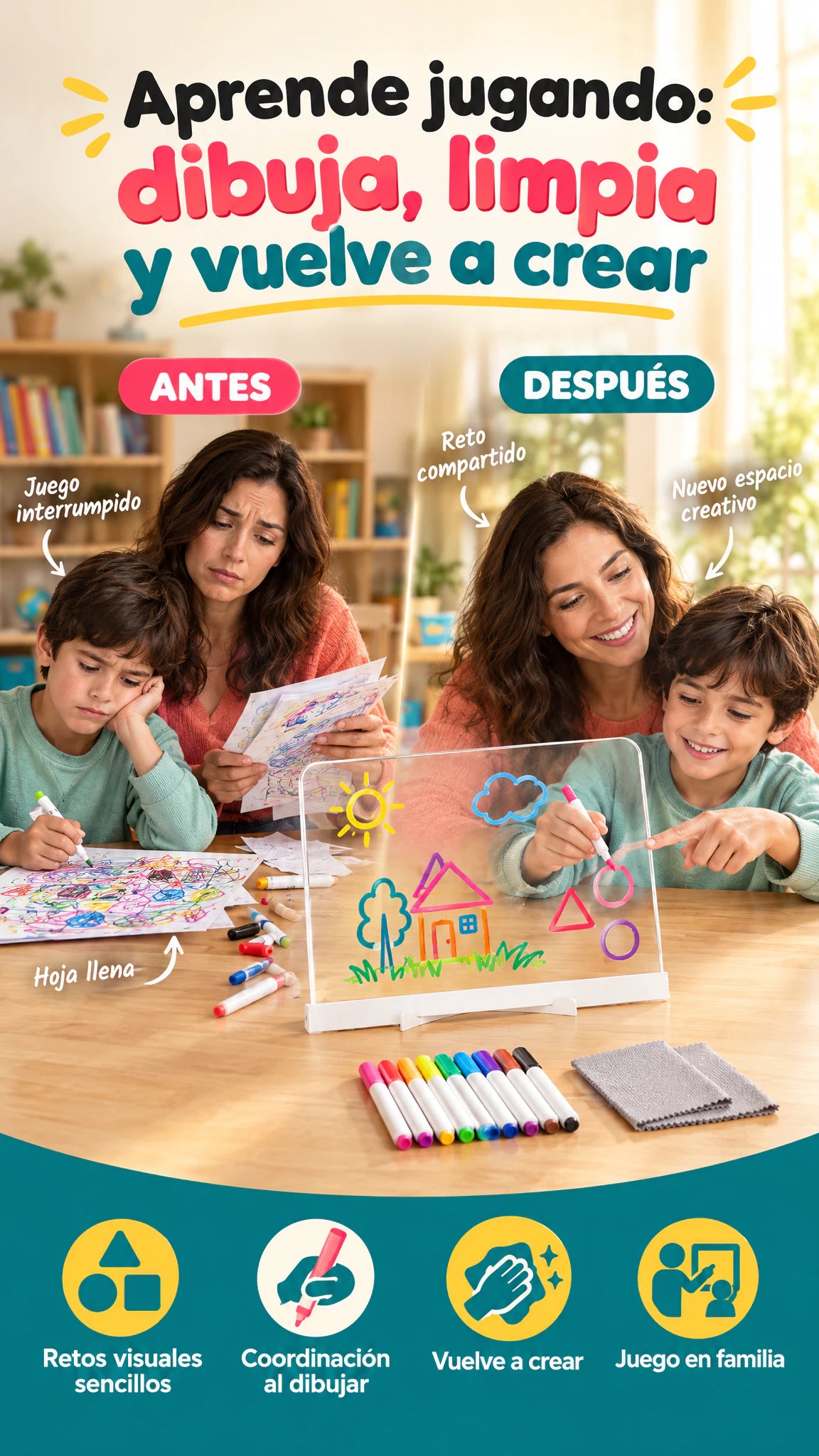 Pizarra de dibujo infantil transparente y borrable — Dibuja, limpia y vuelve a aprender jugando