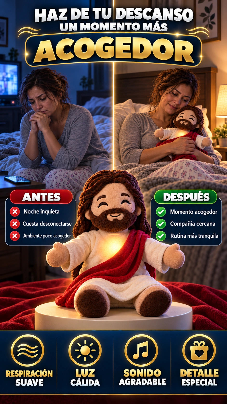 Peluche Animado de Jesús con Respiración, Luz y Sonido — Brinda compañía en momentos de calma