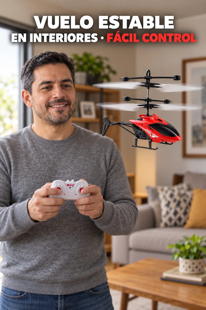 Helicóptero rojo RC volando en interiores