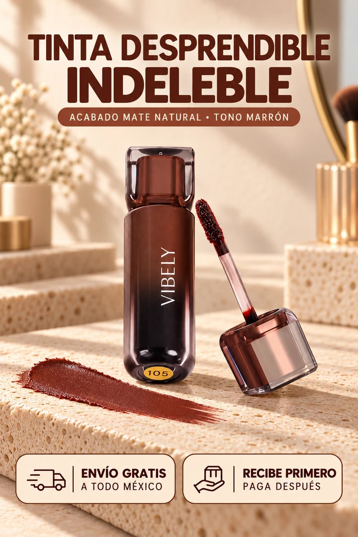 Tinta labial VIBELY tono marrón, presentación