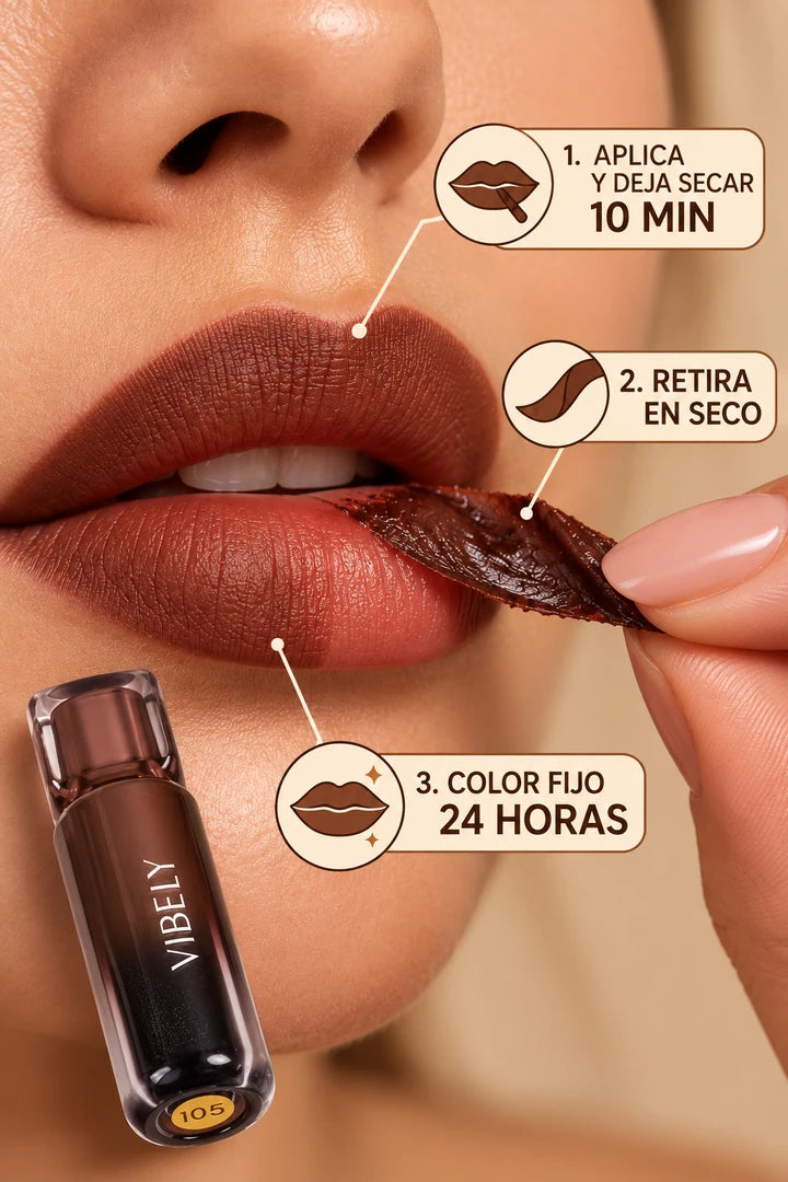 Tinta labial VIBELY, modo de uso y retiro de la película